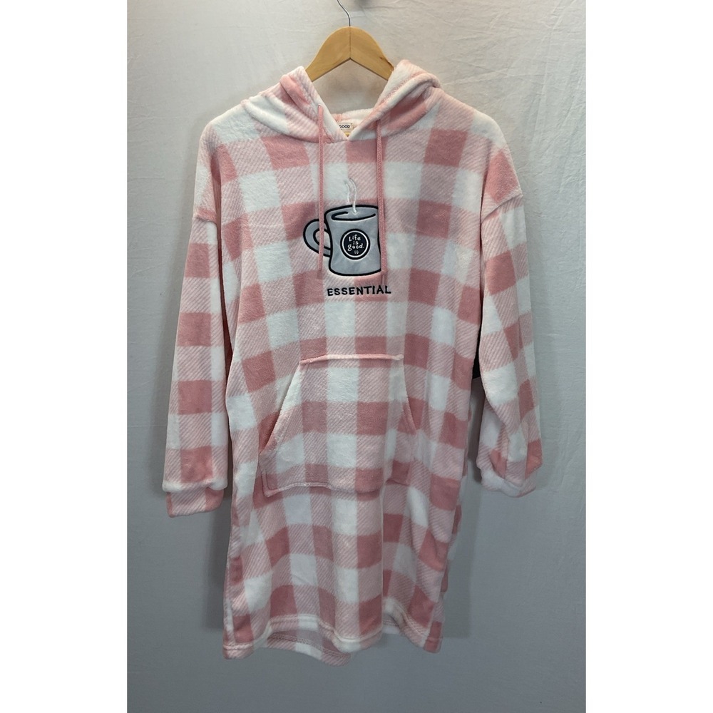 New Life is Good Sleep Fleece Hoodie‎ M Nightshirt Tunic Pink Plaid Coffee